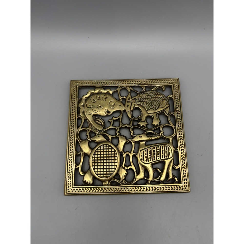 Vintage Brass Trivet Wall Hanging Animals Fish Turtle Deer Elephant 7"